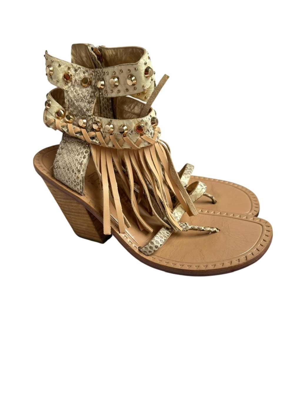 IVY KIRZHNER Hildagar Tan Faux Snake Leather Ankle Cuff Fringe Heels Size 10